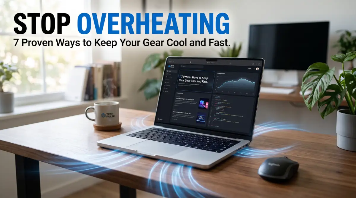 A professional cinematic shot of a modern laptop on a desk showing heat management techniques for better performance.