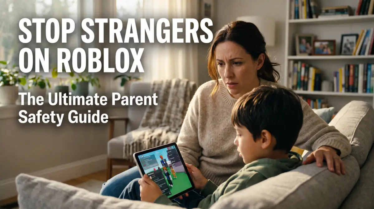 A worried mother observing her child playing games on a tablet to ensure online safety and privacy on Roblox.